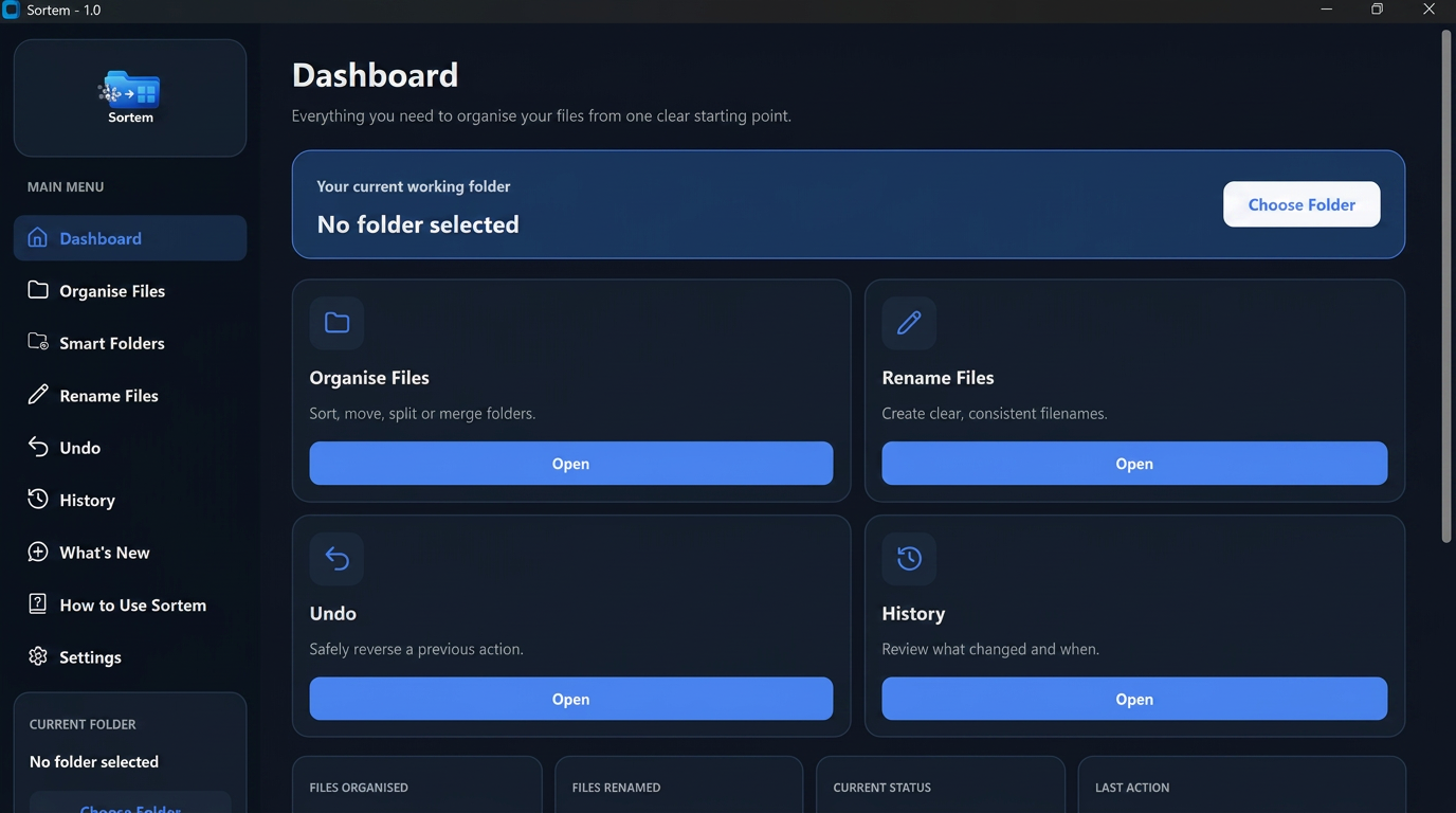 Screenshot of the Sortem desktop application dashboard