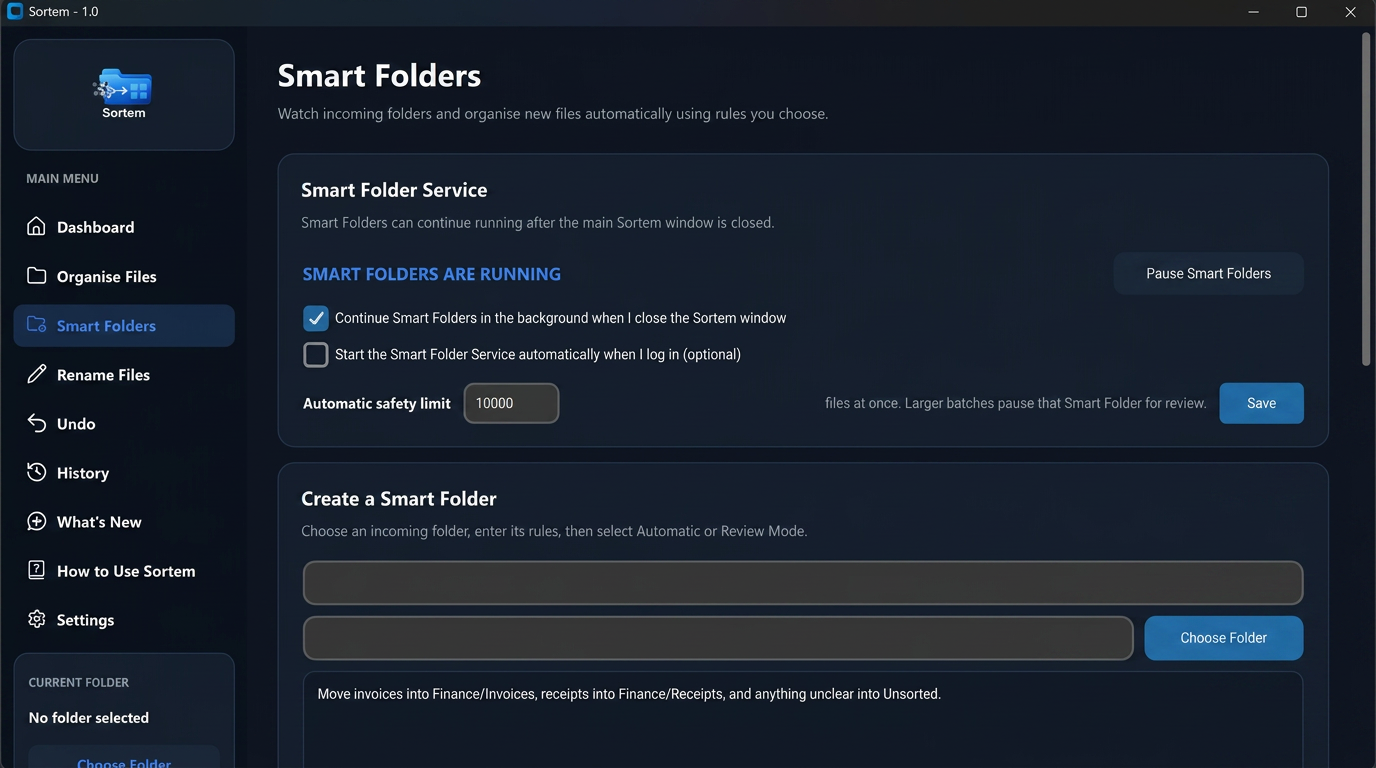 Screenshot of the Sortem Smart Folders screen, showing automatic folder rules and review settings